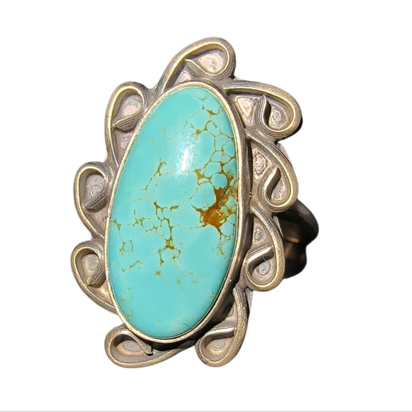 Signed Native American Pilot Mountain Turquoise And Sterling Silver Ring - Picture 2 of 12